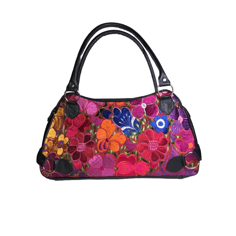 Vintage Y2K Floral Embroidered Leather‎ Shoulder Bag & Wallet Boho Purse Set